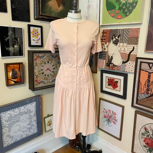 80s Vintage Sunshine Starshine Peach Reversible Short Sleeve Yoke Waist Dress LG - Picture 1 of 5
